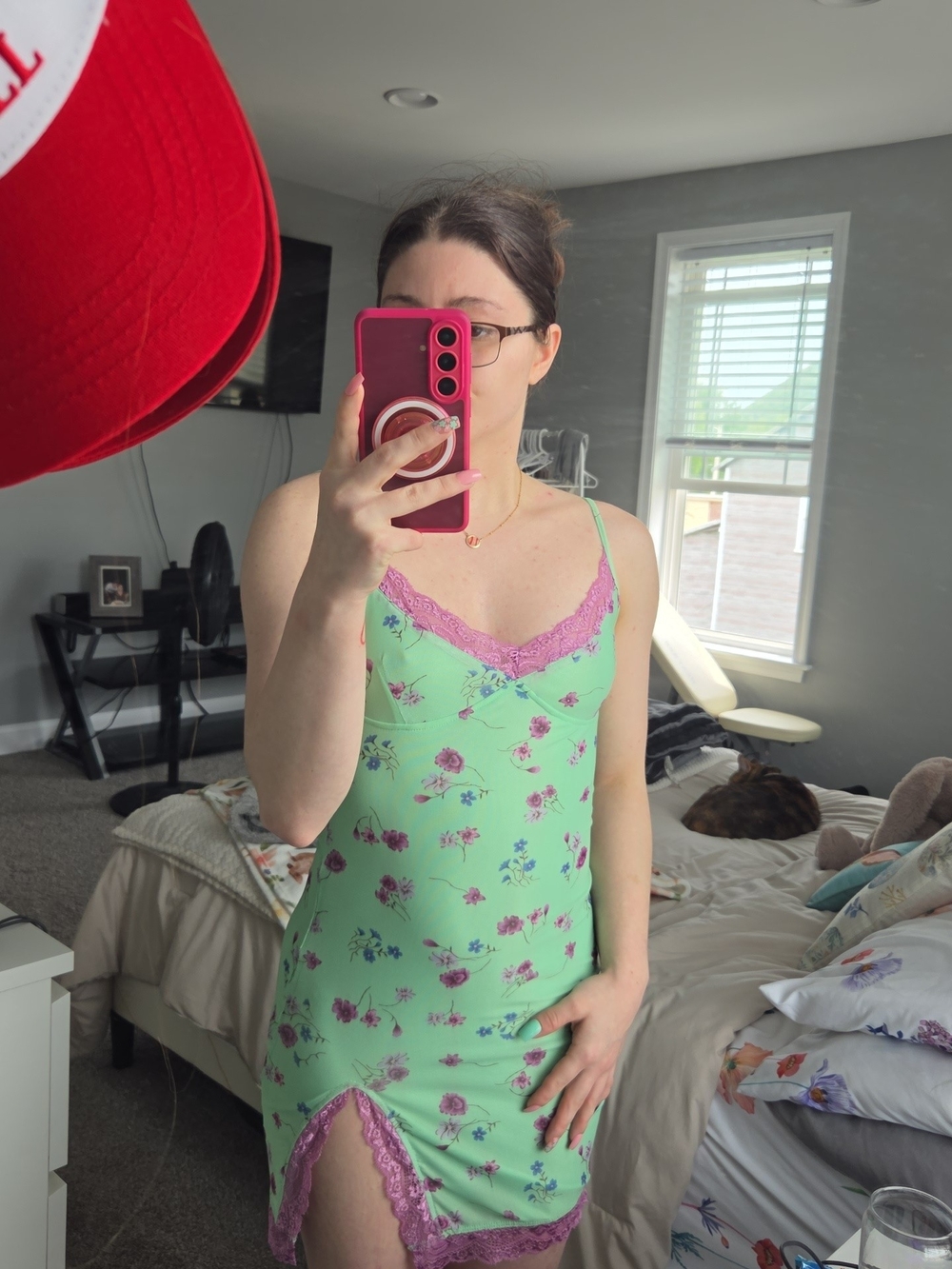 Women's Floral Slip Dress with Pink Lace Trim - Green